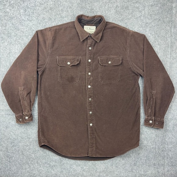 VTG LL Bean Corduroy Shirt Jac Mens Medium Brown Snap Fleece Lined Work Shacket - Picture 2 of 13